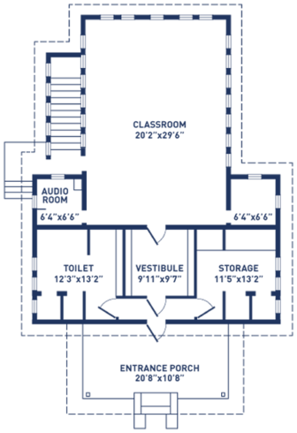 Norwood activity building floorplan. 
 The building is red brick with 5 stairs  at its entrance.  The Interior rooms dimensions are classroom is 20 feet by 29 feet, entrance porch is 20 feet by10 feet, vestibule 9 feet by 9 feet.